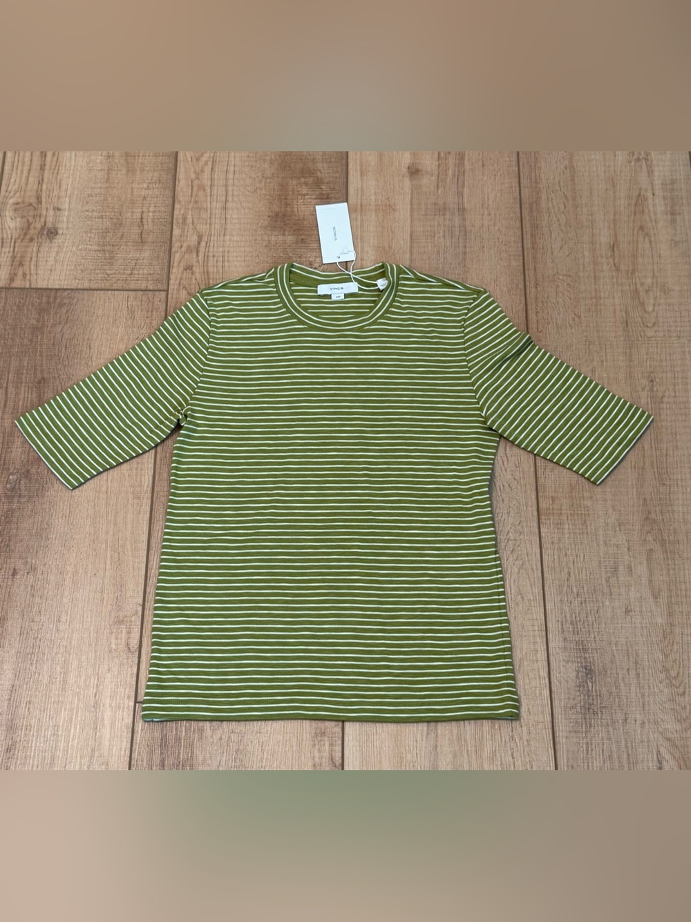 Vince Striped Elbow Sleeve Tee M Tapenade Green NWT $148